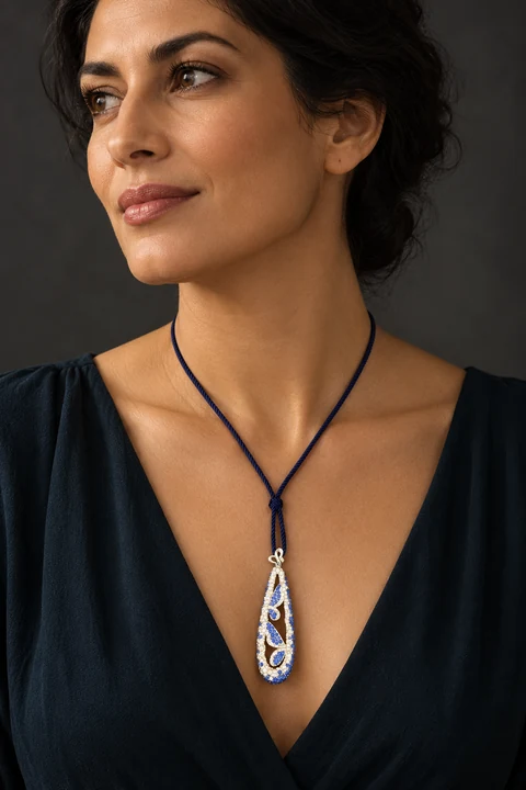 The Monique Sonnet Necklace worn on a model — AI-generated styling preview