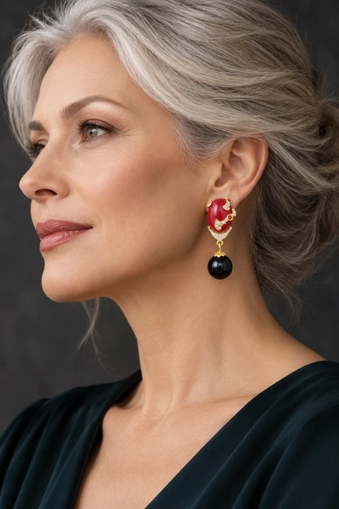 The Alice Fable Earrings worn on a model — AI-generated styling preview