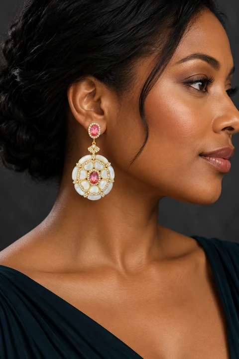 The Pénélope Fleur Earrings worn on a model — AI-generated styling preview