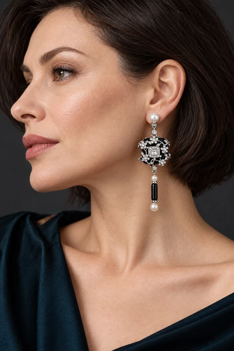 The Suzanne Poème Earrings worn on a model — AI-generated styling preview