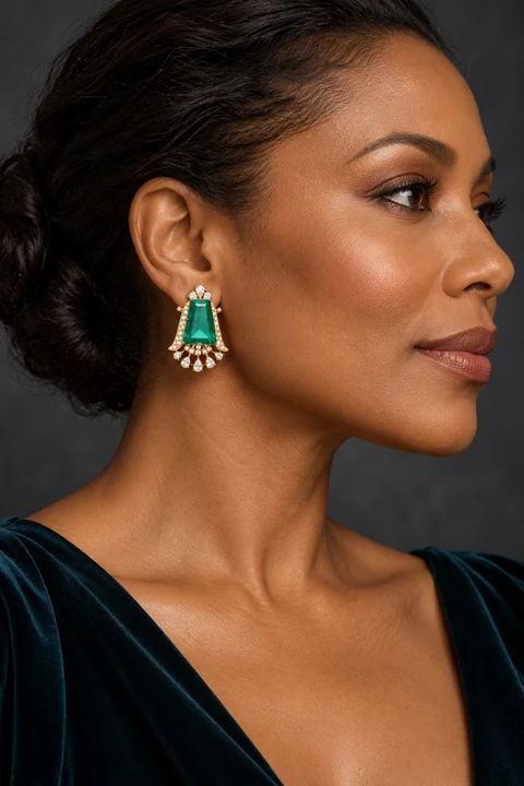 The Anastasie Jardin Earrings worn on a model — AI-generated styling preview