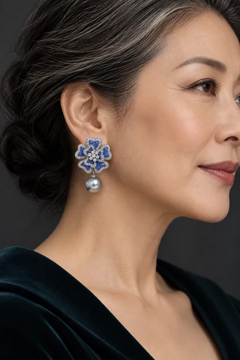 The Florence Arabesque Earrings worn on a model — AI-generated styling preview