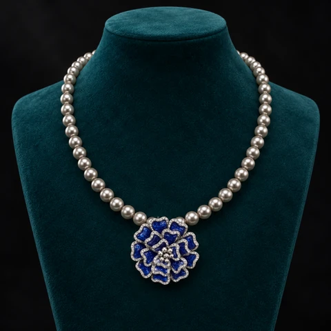 The Florence Arabesque Necklace on a jewelry display — AI-generated styling preview