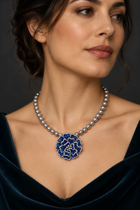 The Florence Arabesque Necklace worn on a model — AI-generated styling preview