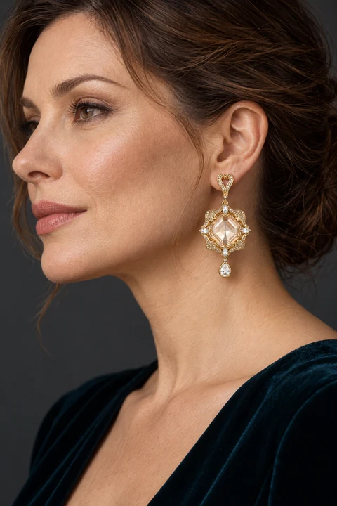 The Apolline Nocturne Earrings worn on a model — AI-generated styling preview