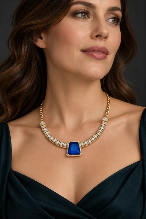 The Angélique Serenade Necklace worn on a model — AI-generated styling preview
