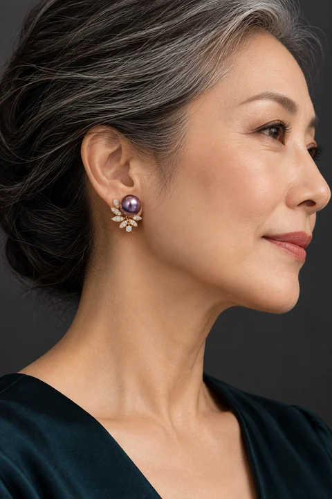 The Violette Arabesque Earrings worn on a model — AI-generated styling preview