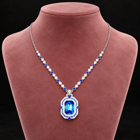 The Alba Muse Necklace on a jewelry display — AI-generated styling preview