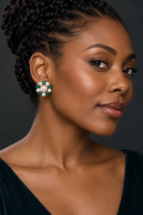 The Roxane Waltz Green Earrings worn on a model — AI-generated styling preview