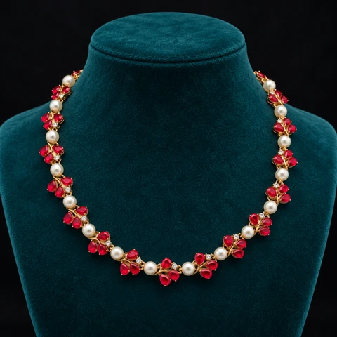 The Roxane Waltz Red Necklace on a jewelry display — AI-generated styling preview