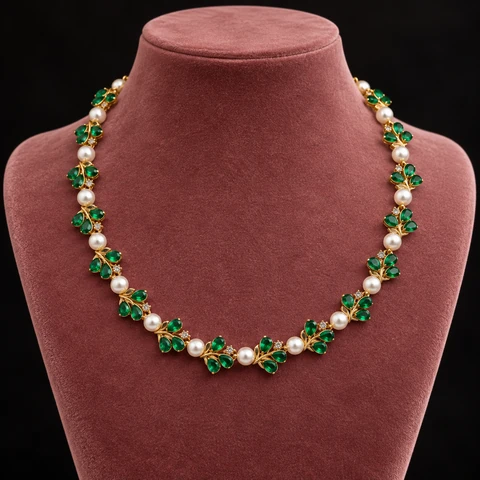 The Roxane Waltz Green Necklace on a jewelry display — AI-generated styling preview