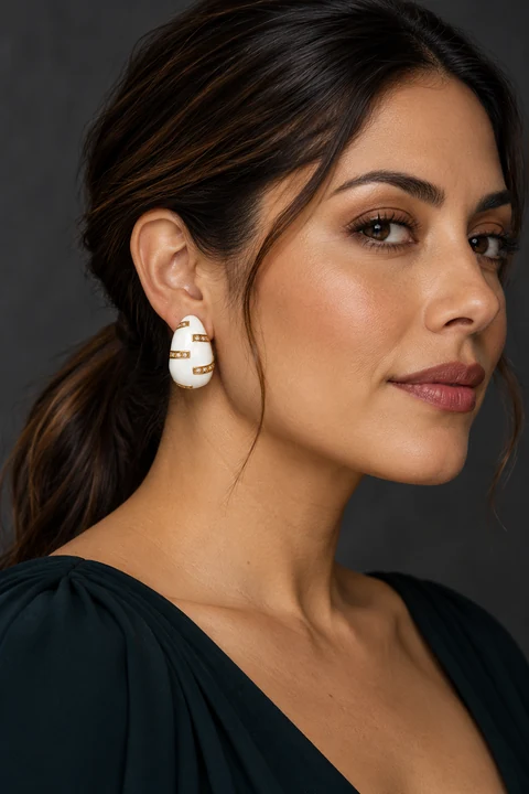 The Estelle Waltz White Earrings worn on a model — AI-generated styling preview