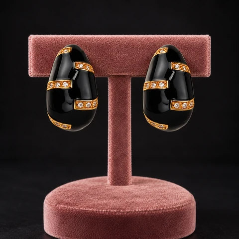 The Estelle Waltz Black Earrings on a jewelry display — AI-generated styling preview