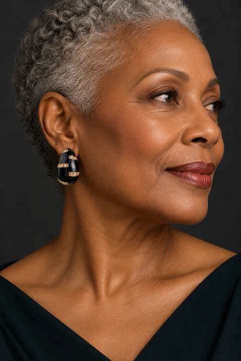 The Estelle Waltz Black Earrings worn on a model — AI-generated styling preview