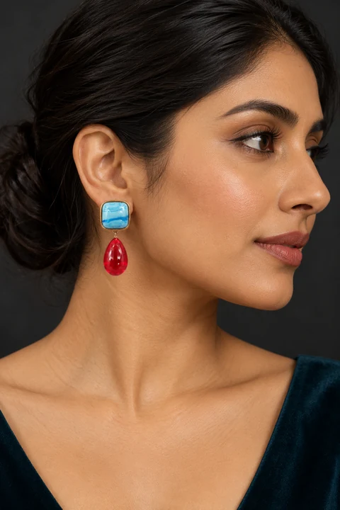 The Alina Reverie Earrings worn on a model — AI-generated styling preview