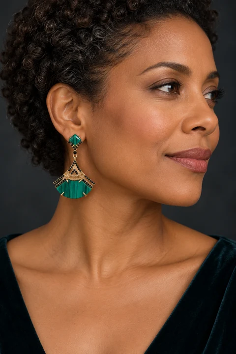 The Angélique Sonnet Earrings worn on a model — AI-generated styling preview