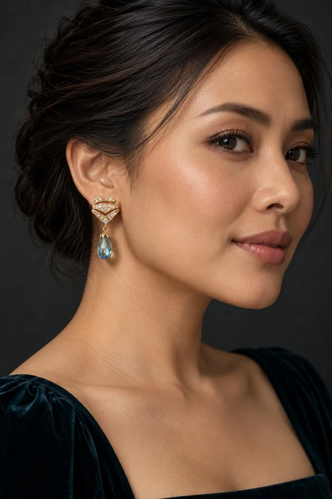 The Mélisande Arabesque Earrings worn on a model — AI-generated styling preview