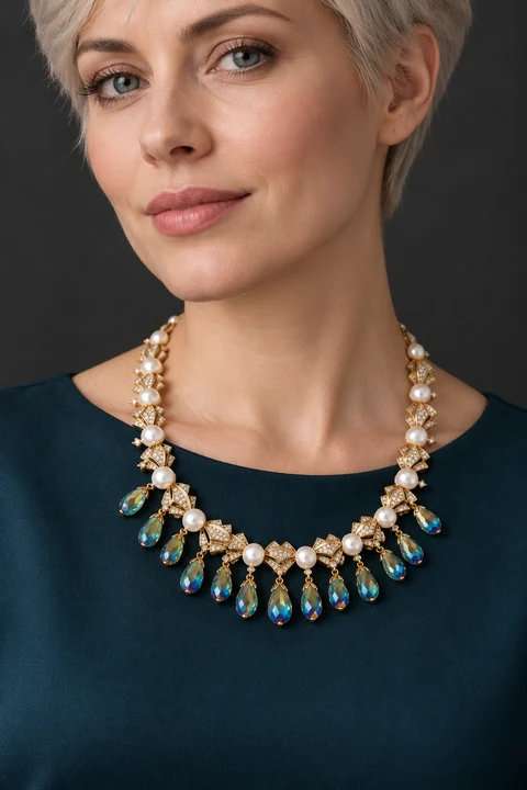 The Mélisande Arabesque Necklace worn on a model — AI-generated styling preview