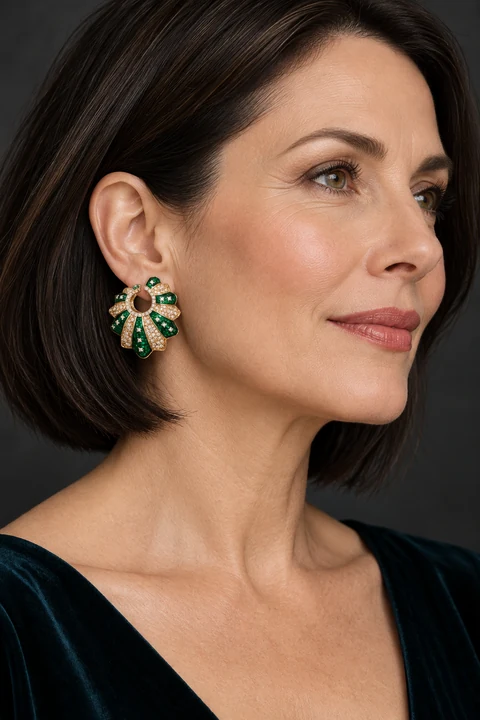 The Juliette Arabesque Earrings worn on a model — AI-generated styling preview