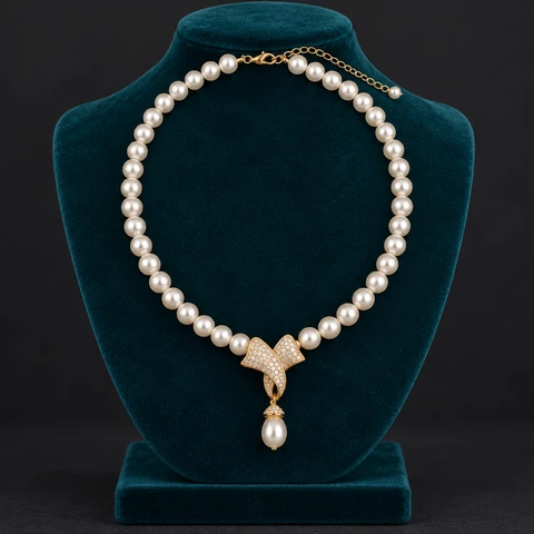 The Giselle Serenade Necklace on a jewelry display — AI-generated styling preview