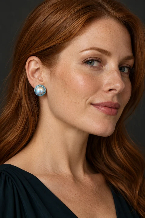The Louise Fleur Blue Earrings worn on a model — AI-generated styling preview