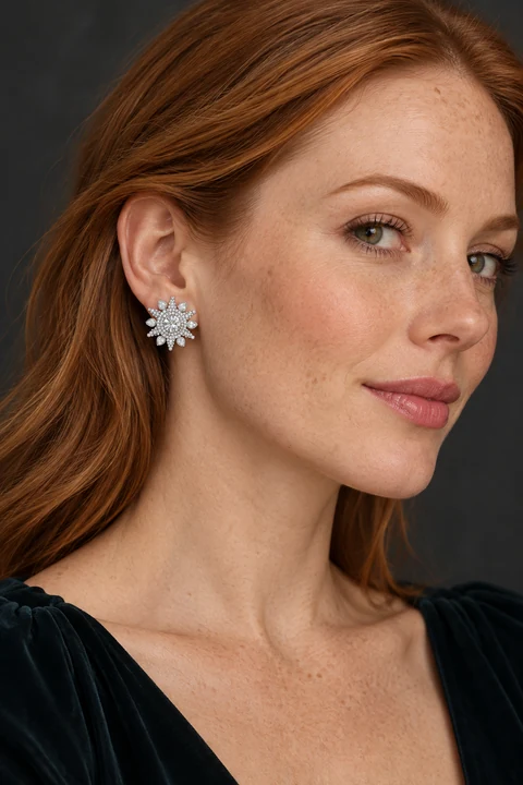 The Yvette Muse Earrings worn on a model — AI-generated styling preview