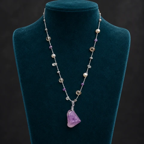 The Lilac Reverie Necklace on a jewelry display — AI-generated styling preview