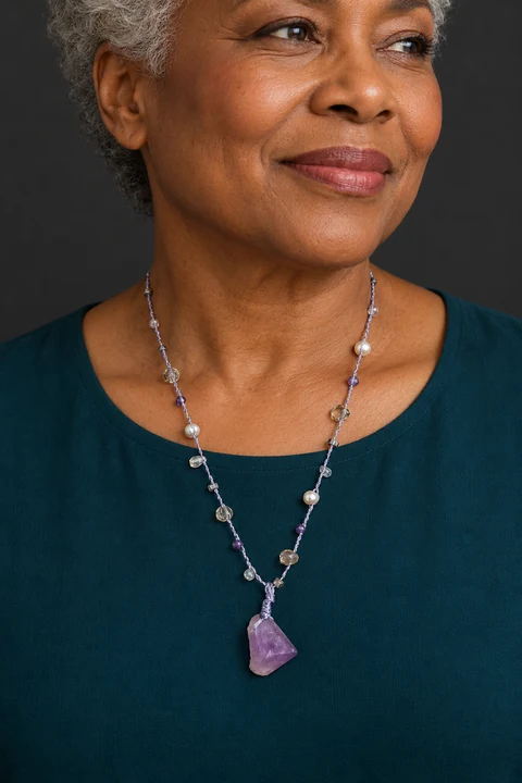 The Lilac Reverie Necklace worn on a model — AI-generated styling preview