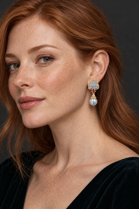 The Manon Éclat Earrings worn on a model — AI-generated styling preview