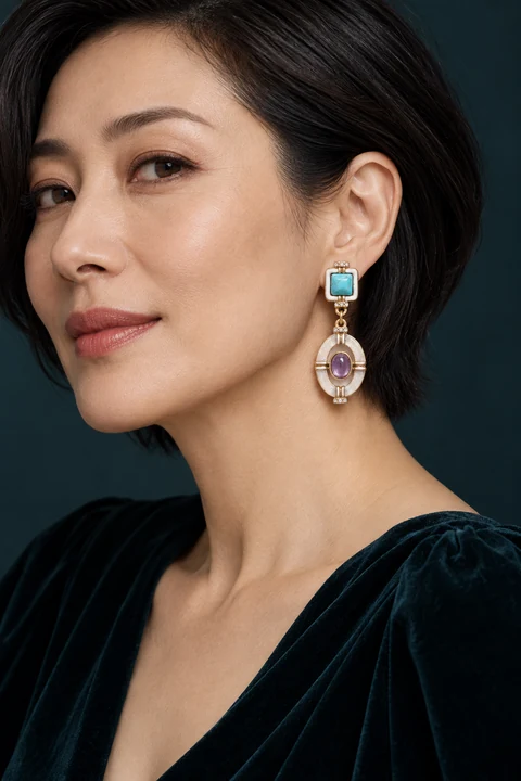 The Geneviève Poème Earrings worn on a model — AI-generated styling preview