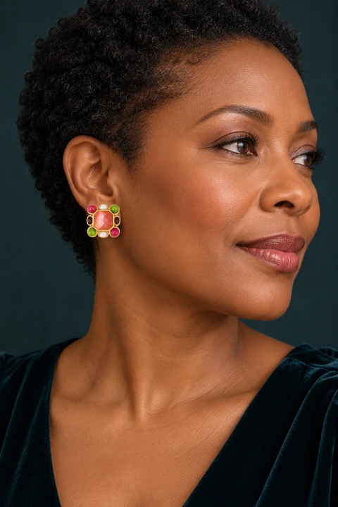 The Lucie Sonnet Earrings worn on a model — AI-generated styling preview