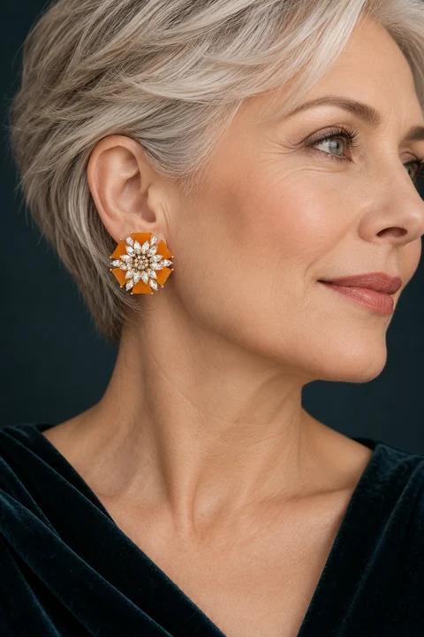 The Coralie Promenade Earrings worn on a model — AI-generated styling preview