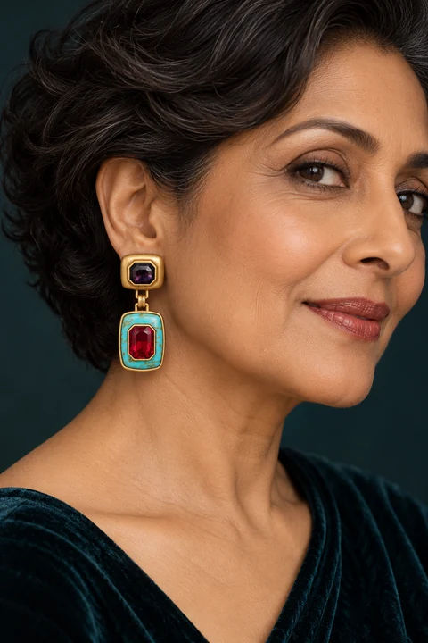 The Dorothée Romance Earrings worn on a model — AI-generated styling preview