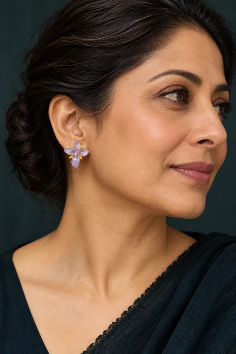 The Rose Rhapsody Earrings worn on a model — AI-generated styling preview