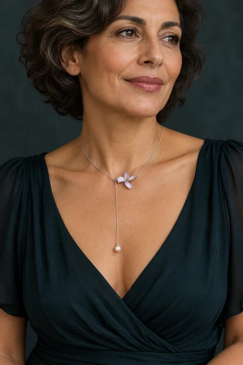 The Rose Rhapsody Necklace worn on a model — AI-generated styling preview