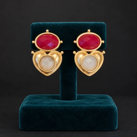 The Dahlia Fable Red Earrings on a jewelry display — AI-generated styling preview