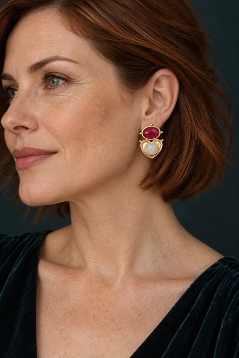 The Dahlia Fable Red Earrings worn on a model — AI-generated styling preview