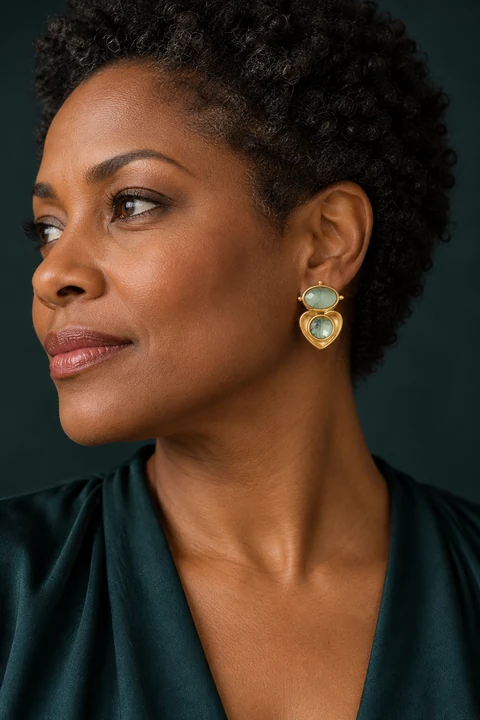 The Dahlia Fable Green Earrings worn on a model — AI-generated styling preview