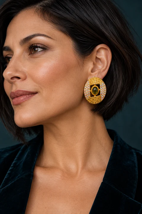 The Rose Éclat Earrings worn on a model — AI-generated styling preview
