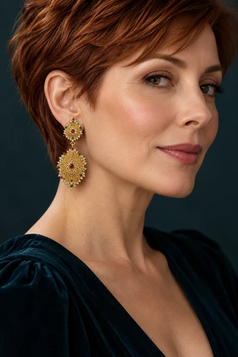 The Eugénie Jardin Earrings worn on a model — AI-generated styling preview