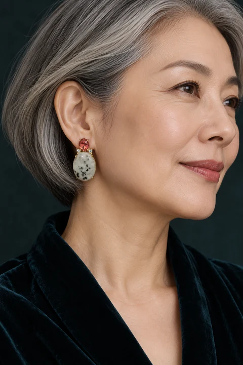 The Claudine Rhapsody Earrings worn on a model — AI-generated styling preview