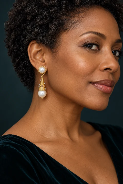 The Lucie Promenade Earrings worn on a model — AI-generated styling preview