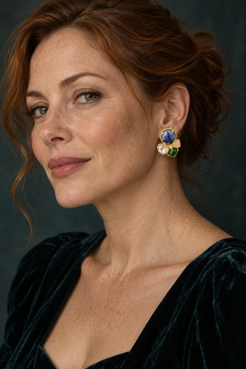 The Aveline Fable Earrings worn on a model — AI-generated styling preview