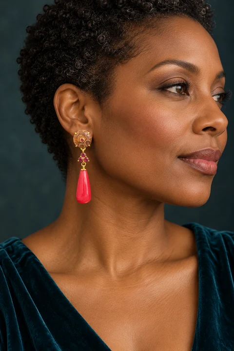 The Pénélope Muse Earrings worn on a model — AI-generated styling preview