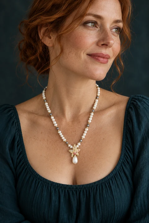 The Léa Poème Necklace worn on a model — AI-generated styling preview