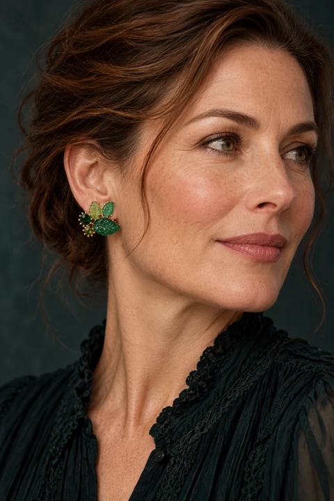 The Manon Nocturne Earrings worn on a model — AI-generated styling preview