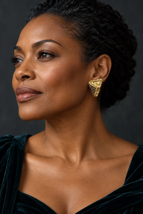 The Cassandre Waltz Earrings worn on a model — AI-generated styling preview