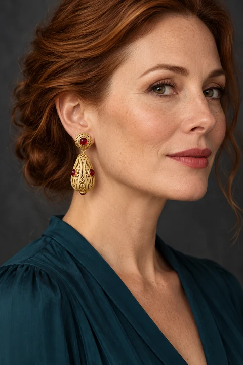 The Clémence Arabesque Earrings worn on a model — AI-generated styling preview