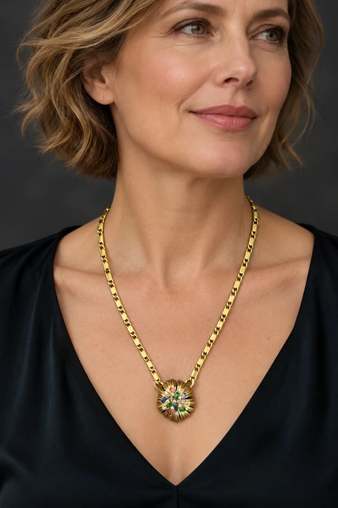 The Marielle Sonata Necklace worn on a model — AI-generated styling preview