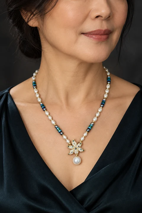 The Élodie Sonata Necklace worn on a model — AI-generated styling preview